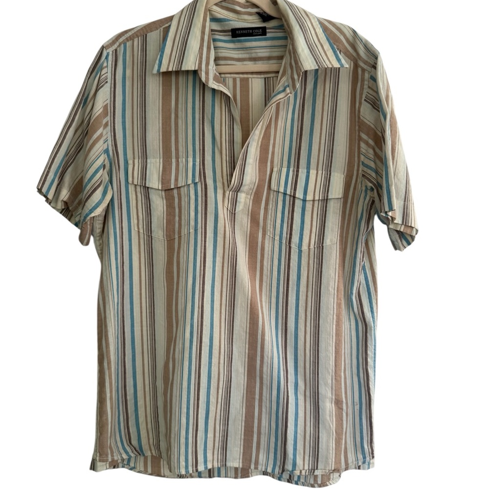 Kenneth Cole Men's Striped Button Down Shirt - Blue, Tan, Cream